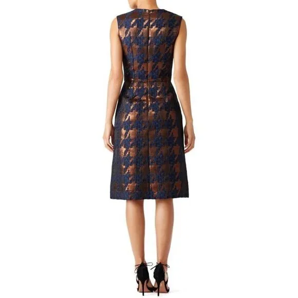 MARTIN GRANT Navy & Bronze Houndstooth Sleeveless Dress Size 36 Metallic